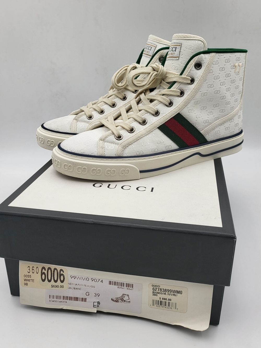 GUCCI Monogram GG Mignon Web Womens 1977 Tennis High Top Sneakers 39 White/cream